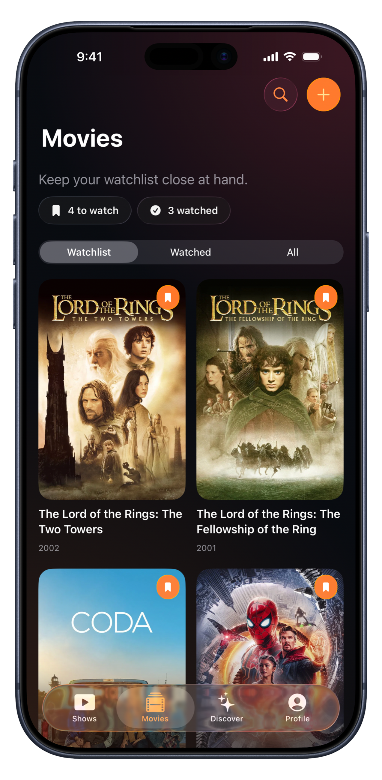 PopcornCue Movies screen displaying a visual movie watchlist