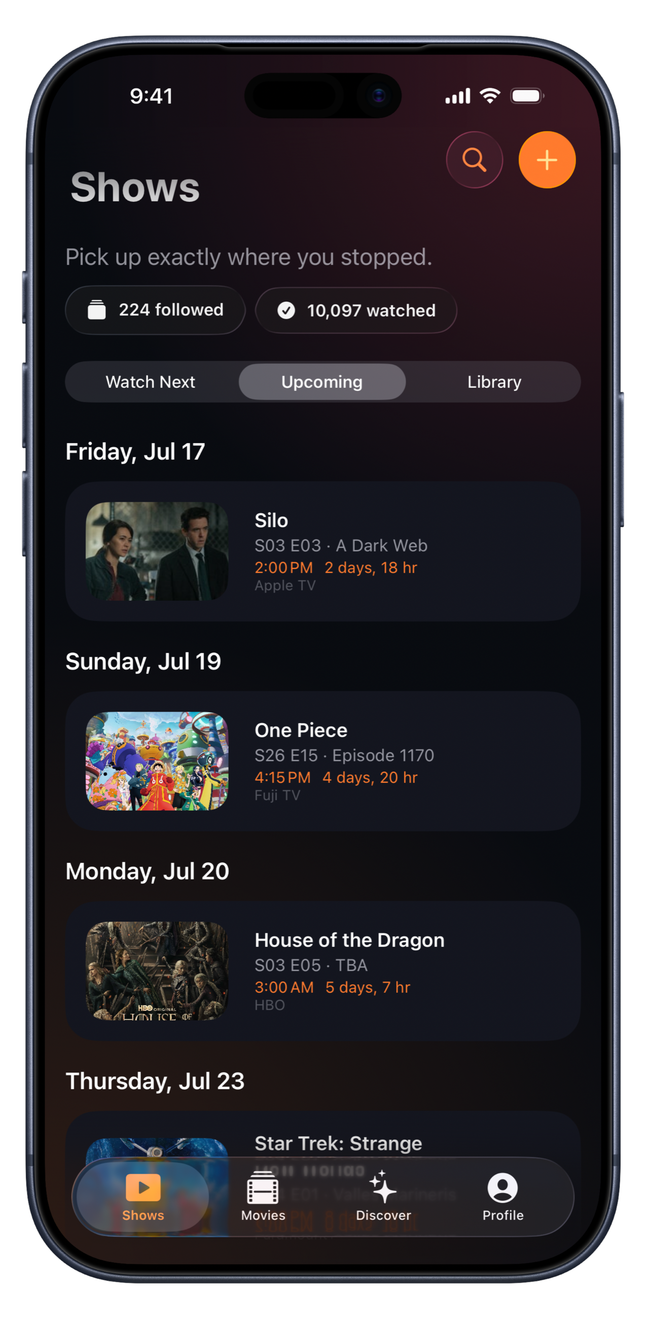 PopcornCue Shows screen displaying followed shows and upcoming episode releases